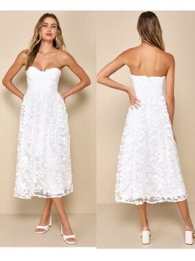 Lulus Quite Perfect White Floral Embroidered Strapless Midi Dress Small New NWT